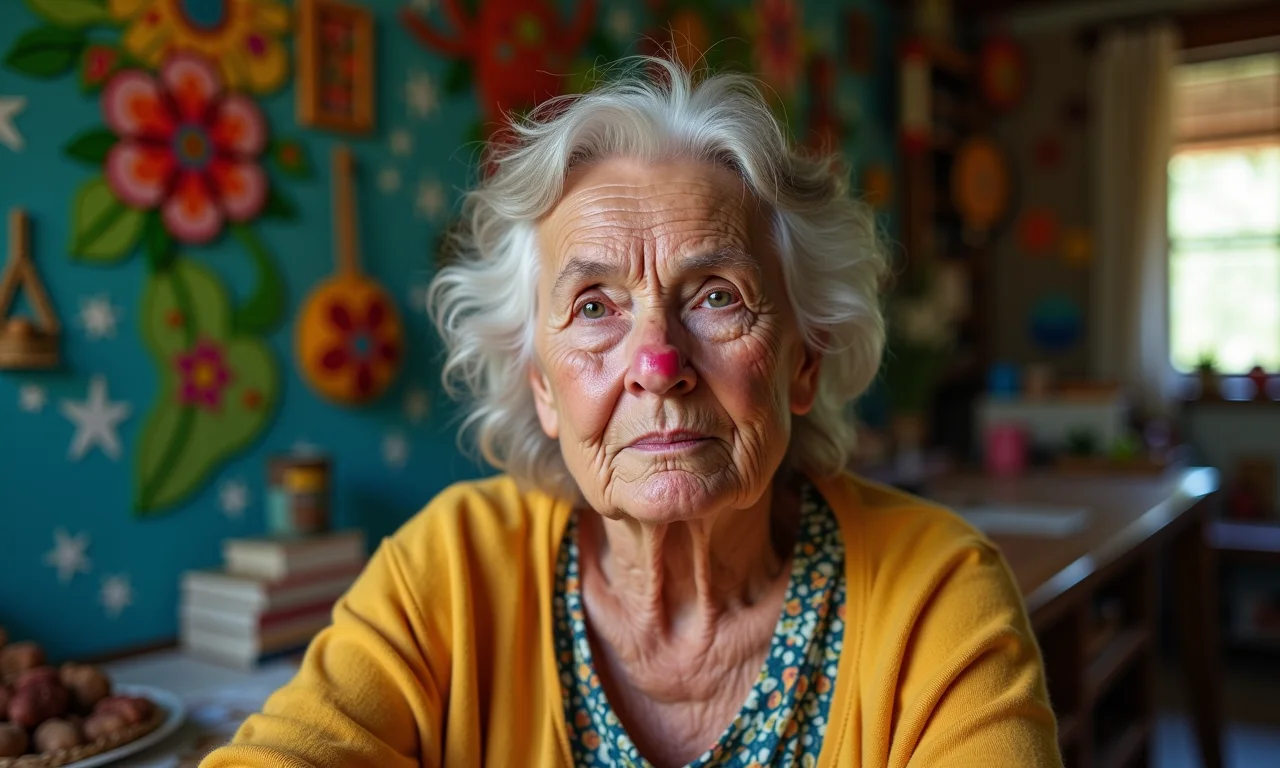 Idosa com leve sangramento nasal, mantendo a calma em ambiente colorido com artesanato brasileiro.