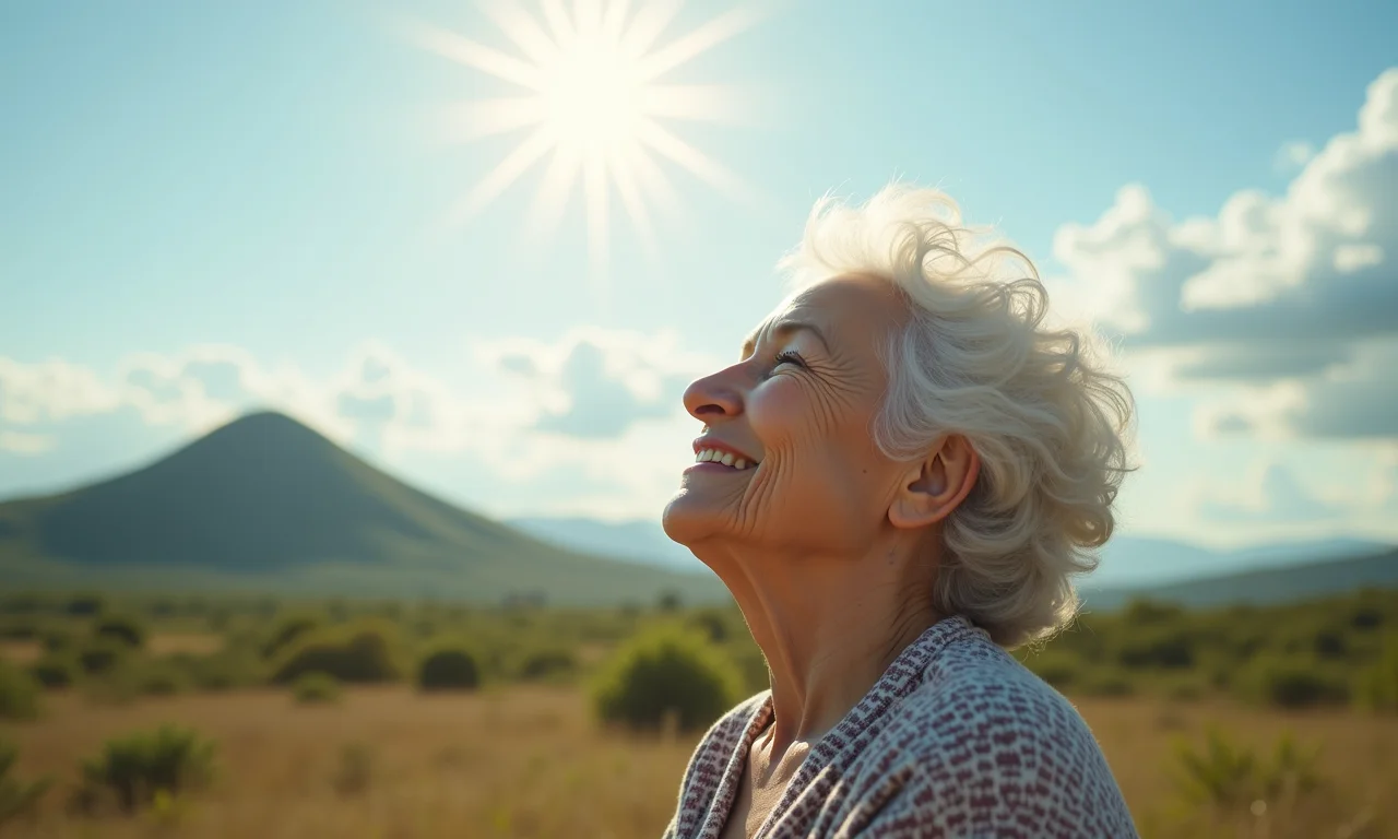 Idosa olha para o céu com expressão serena, sentindo-se protegida.