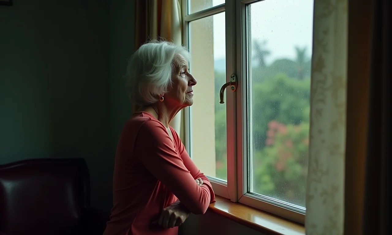 Idosa olhando pela janela com tristeza, expressando medo da perda.