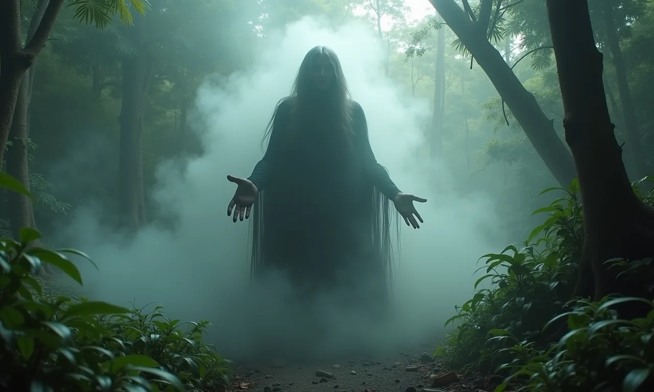 Ilustração da Baba Yaga emergindo da névoa em uma floresta tropical brasileira.