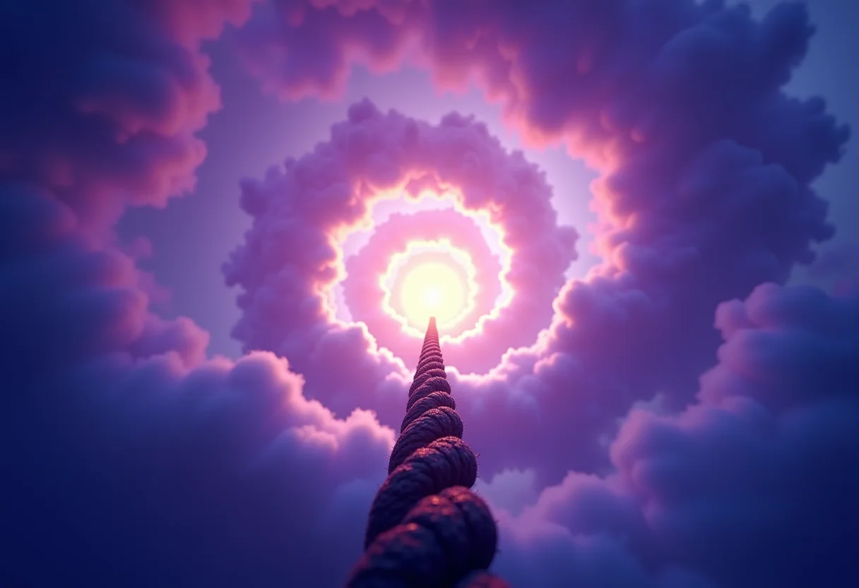 Imagem conceitual de uma corda subindo para o céu, representando a jornada onírica e seus mistérios.