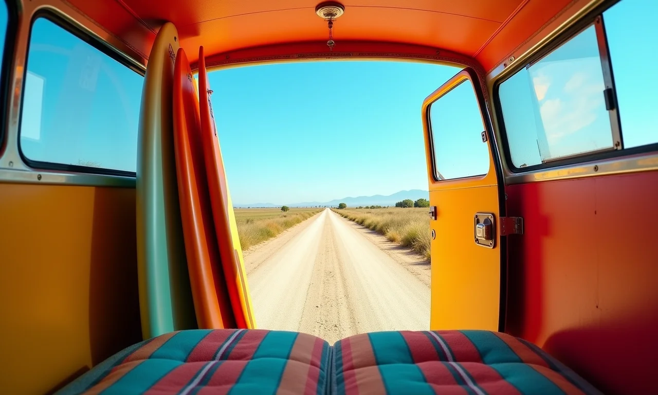 Interior de kombi colorida com pranchas de surf, aventura.
