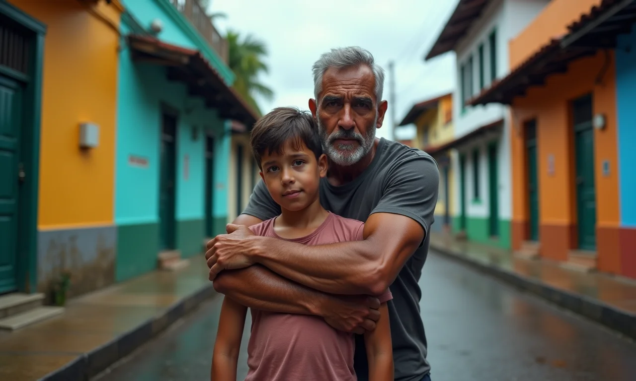 Irmão mais velho protegendo o mais novo da chuva em rua colorida de Salvador.