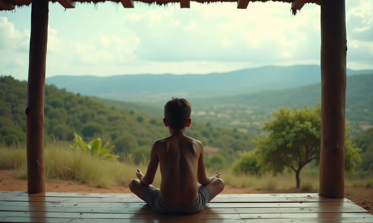 Irmão mais velho sentado sozinho em varanda, contemplando paisagem rural brasileira.