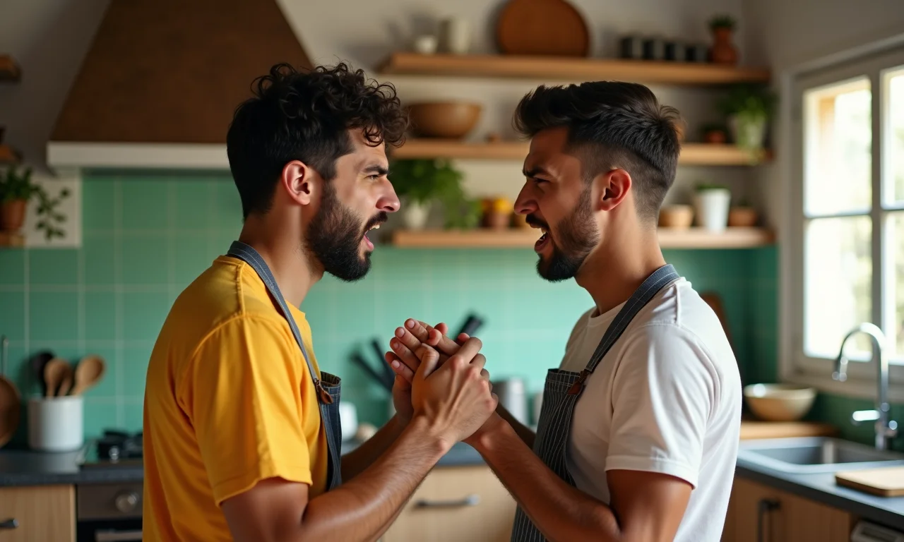 Irmãos discutindo em cozinha moderna e colorida, com decoração inspirada no estilo Farm Rio.
