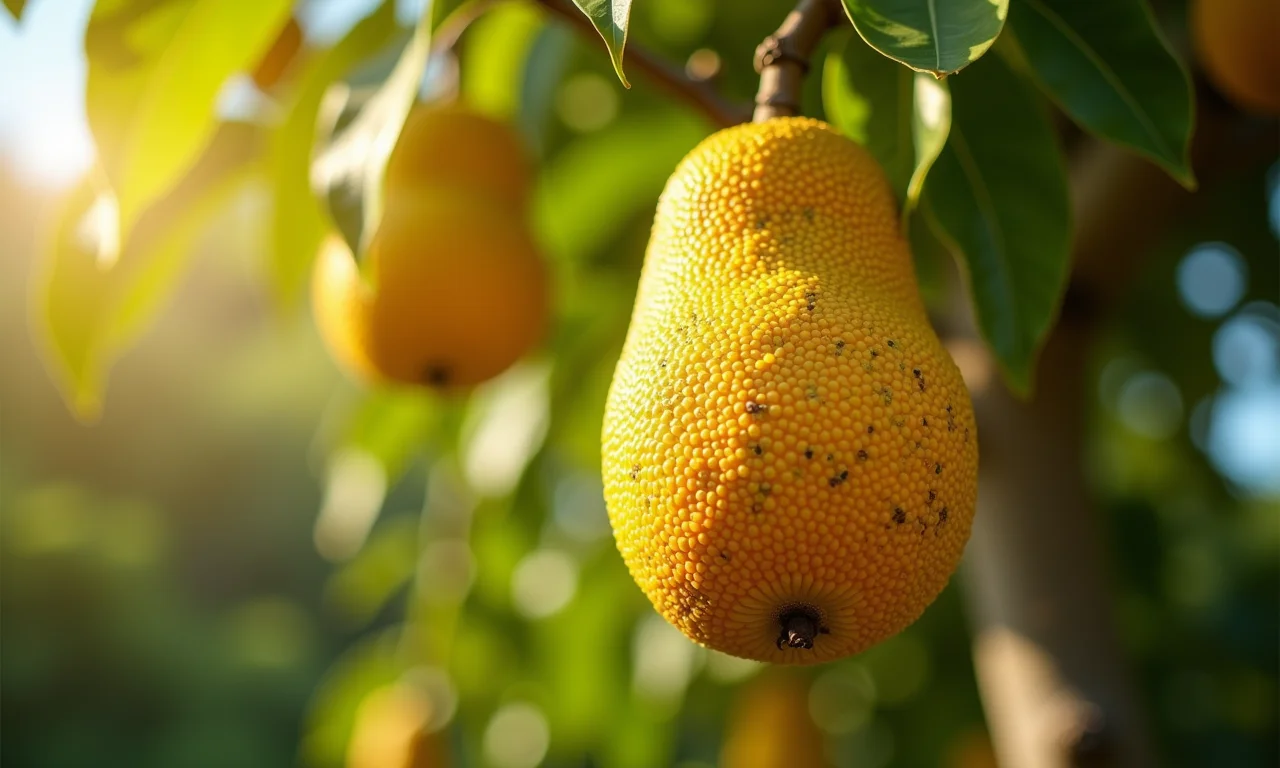 Jaca madura pendurada em um jaqueira em um pomar brasileiro ensolarado.