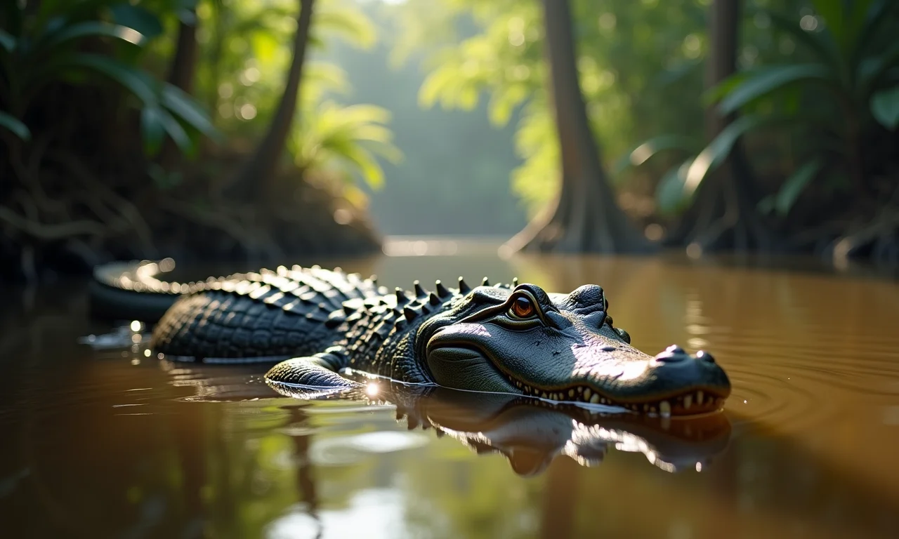 Jacaré calmo na água em sonho, representando tranquilidade ou perigo oculto.
