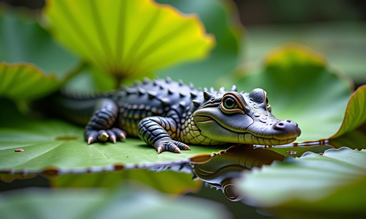 Jacaré filhote em sonho, simbolizando novos começos ou vulnerabilidade.