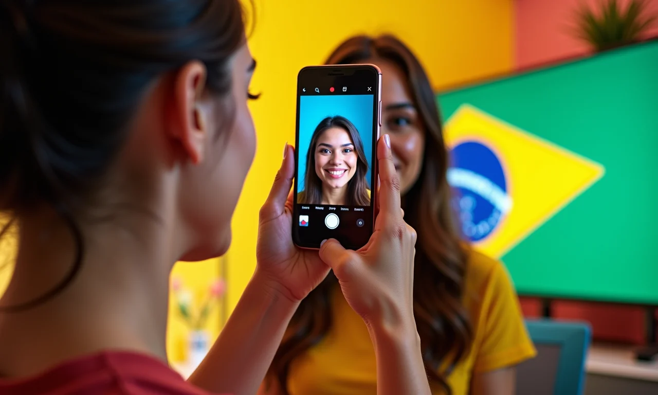 Jovem criando conteúdo para seu canal no YouTube em estúdio caseiro.