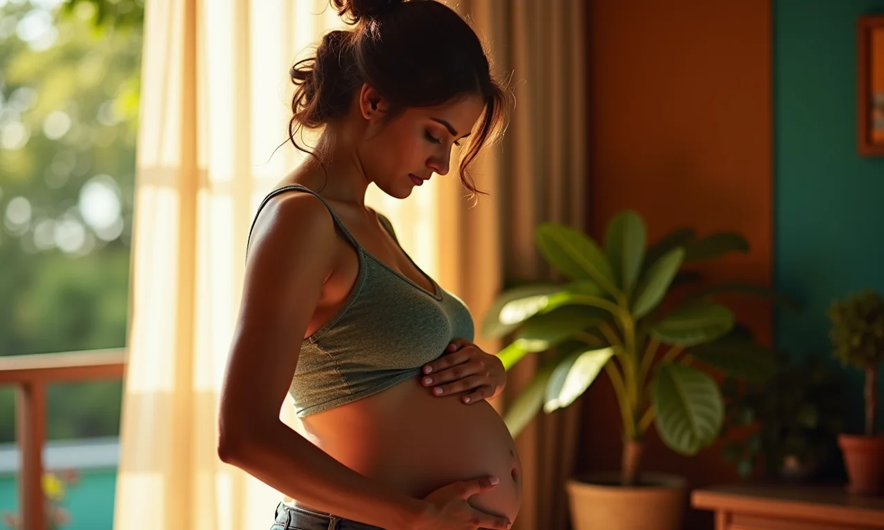 Jovem grávida em lar aconchegante, sonhando com a maternidade.