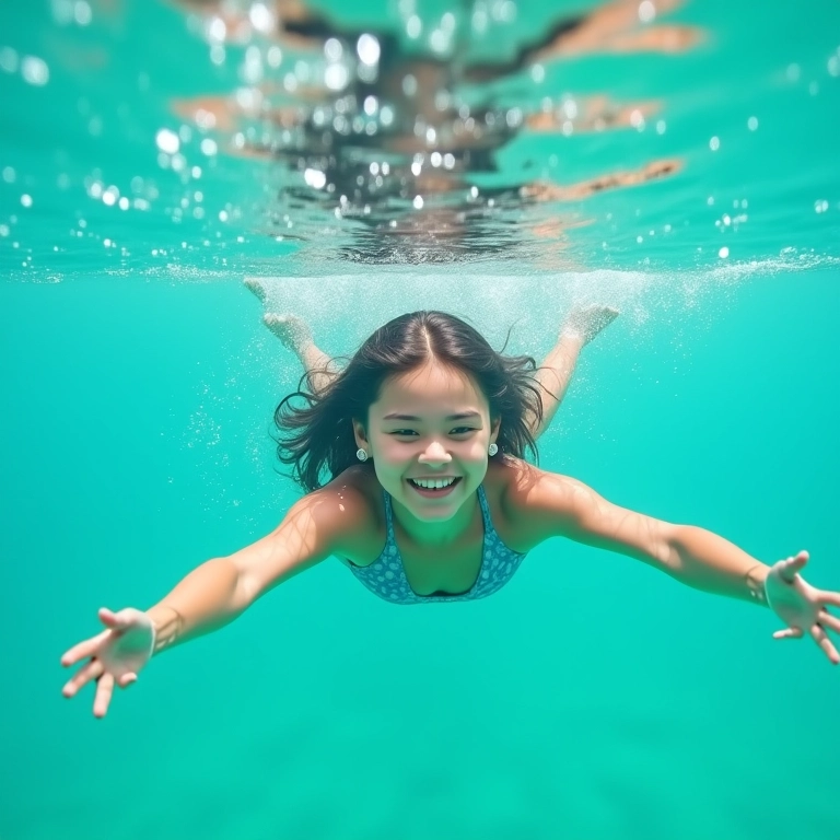 Jovem mergulhando em águas azuis cristalinas, expressão de felicidade.