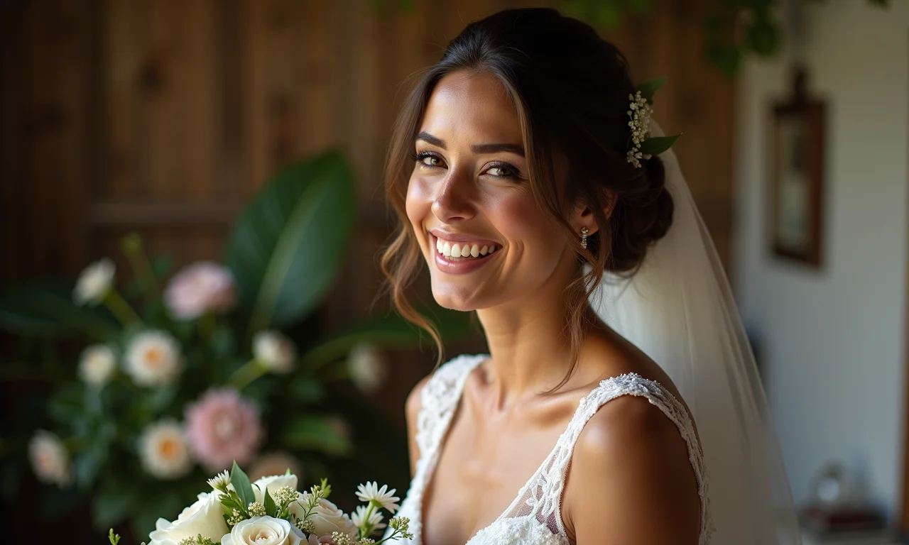 Jovem noiva brasileira sorrindo, feliz por estar vestida de noiva em seu sonho.