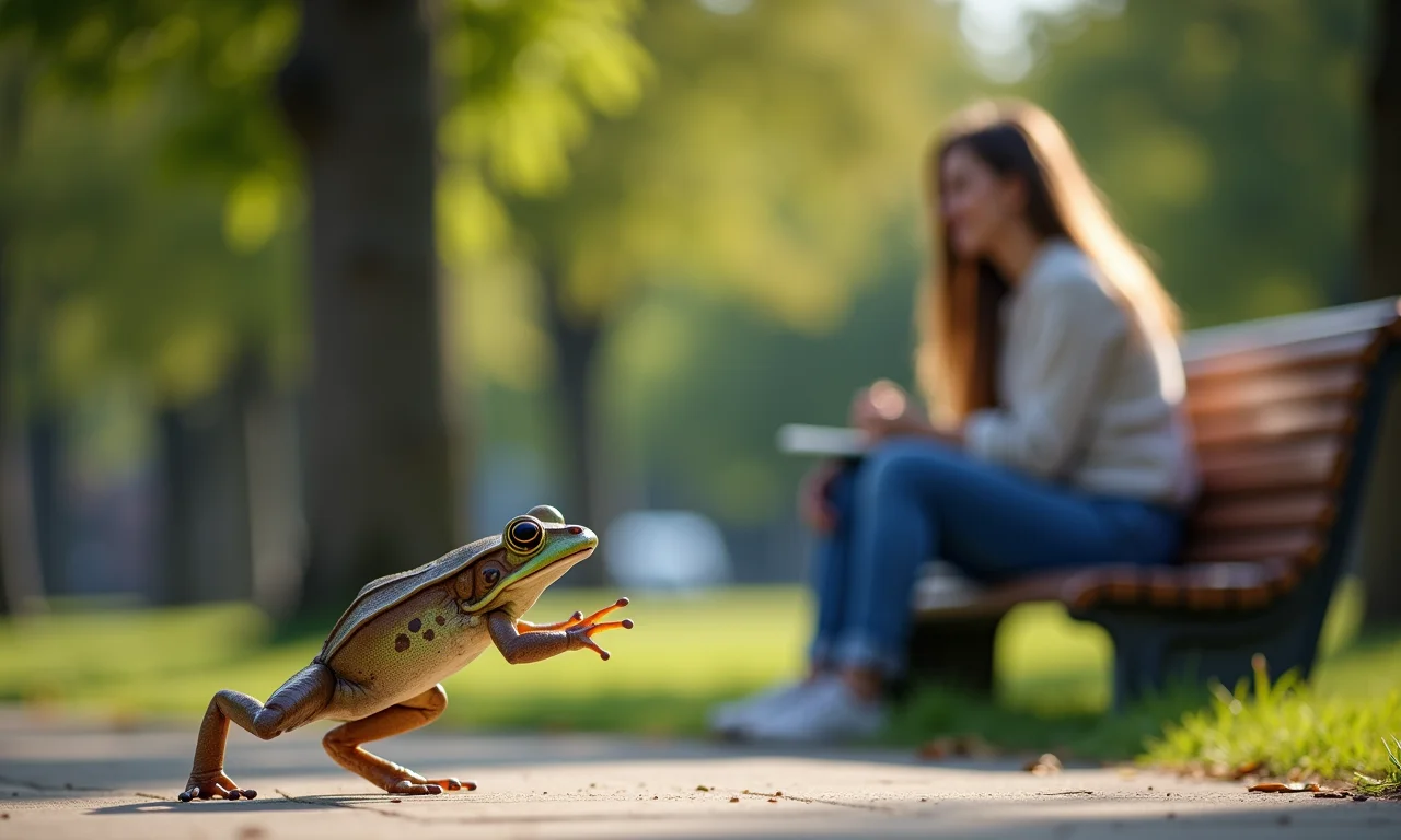 Jovem observa sapo pulando para longe, simbolizando um sonho de perda ou oportunidade se afastando.