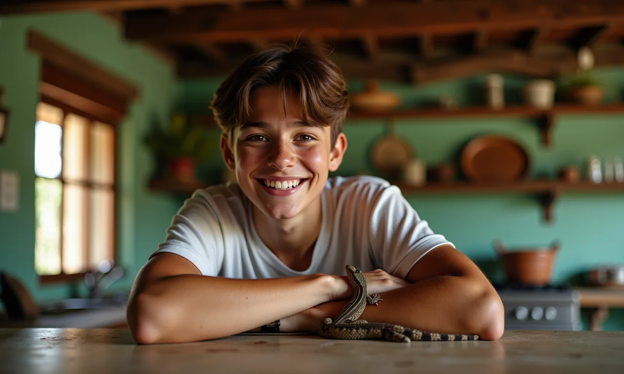 Jovem sorrindo com lagarto marrom na cozinha.