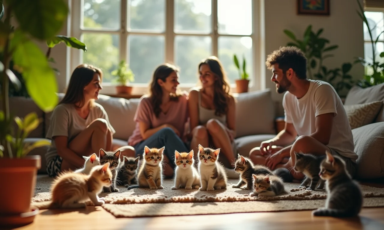 Jovens adultos brincando com muitos filhotes de gato em sala ensolarada com decoração brasileira.