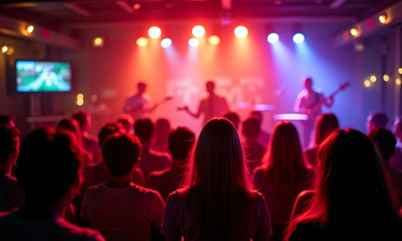 Karaokê lotado e animado, com pessoas cantando e se divertindo juntas.