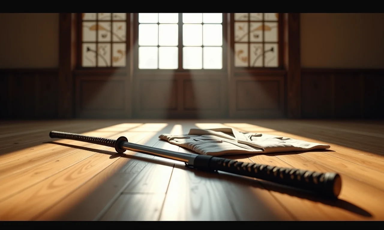 Katana afiada em um dojo, simbolizando prontidão e clareza.