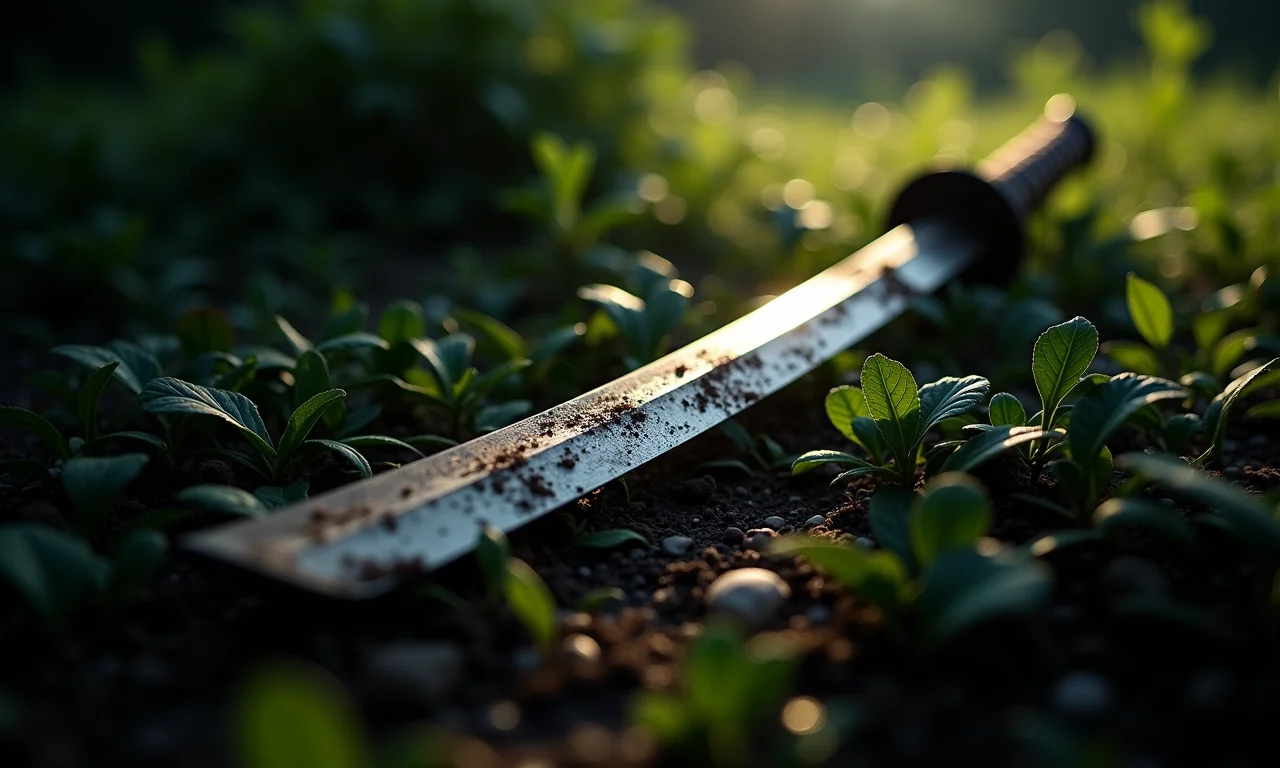 Katana enferrujada parcialmente enterrada, representando negligência.