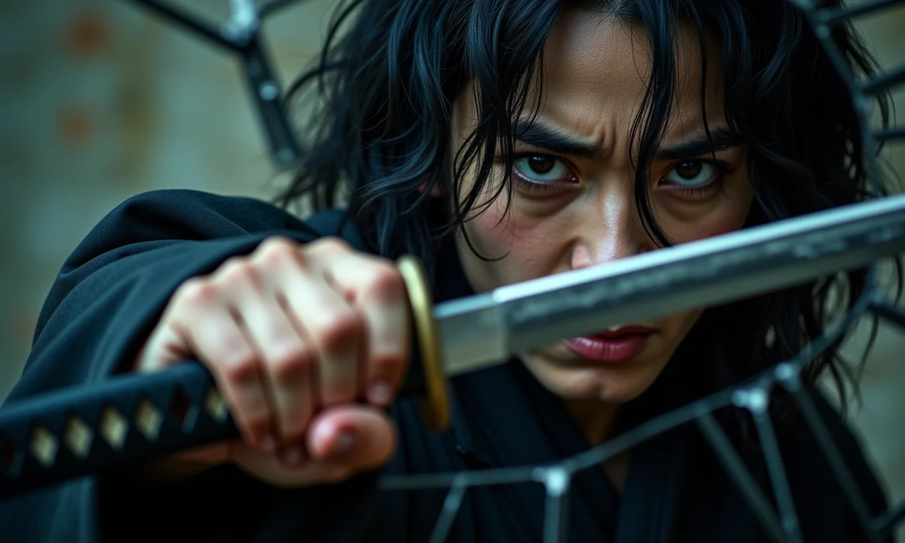 Katana sendo usada para ataque, reflexo de agressividade.