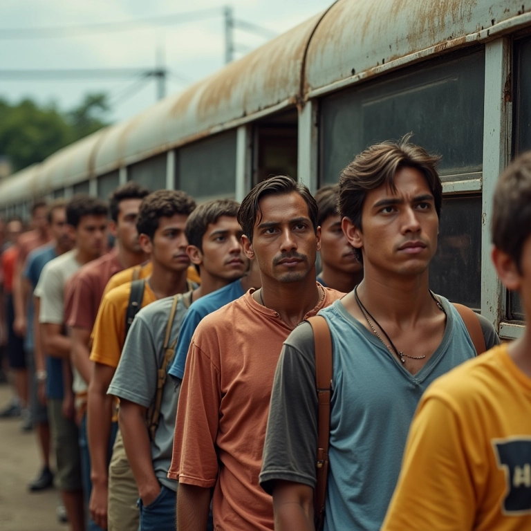 Kombi antiga com desconhecidos, expressões sérias, fundo urbano brasileiro.