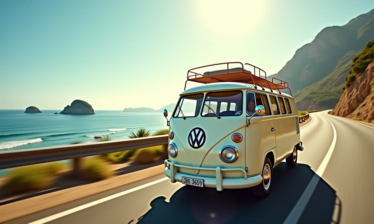 Kombi branca em movimento em estrada litorânea, simbolizando novas aventuras.