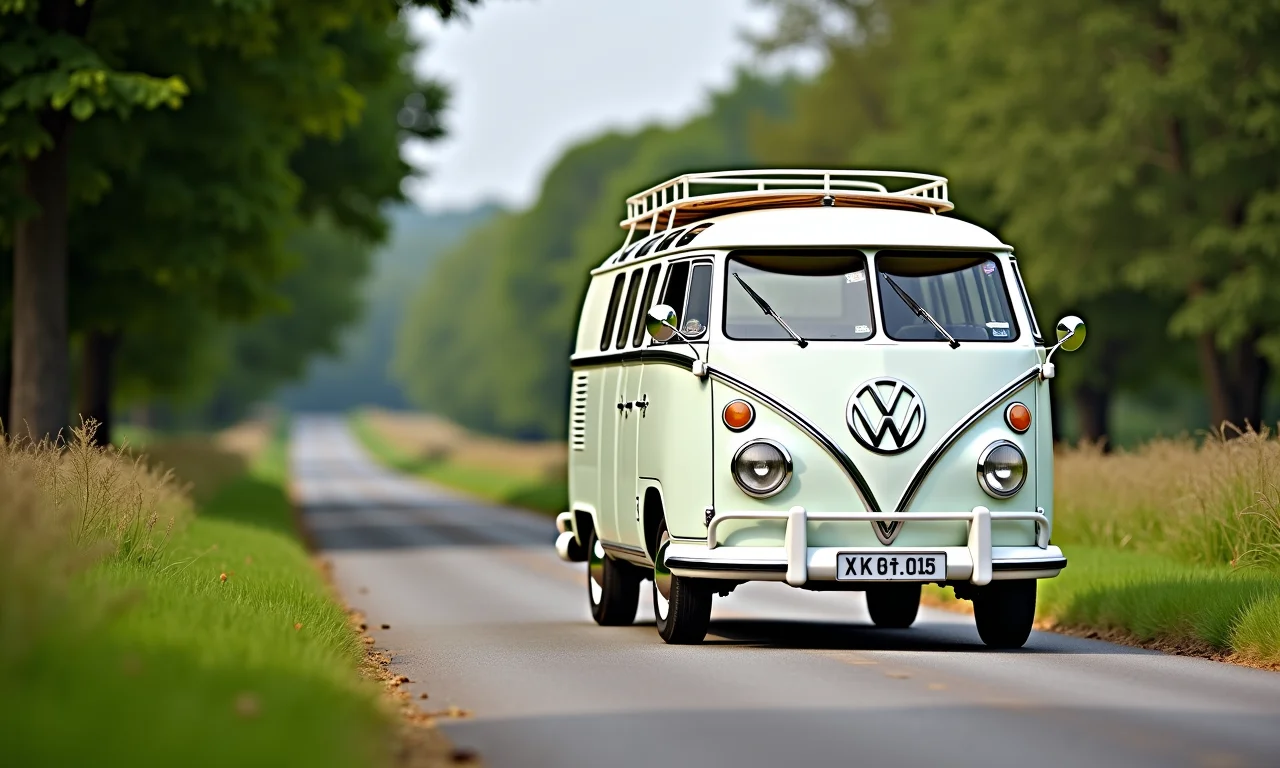 Kombi branca parada em estrada rural, representando a necessidade de uma pausa.