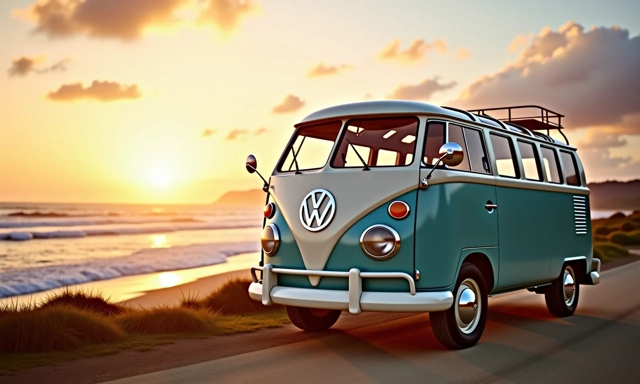 Kombi branca vintage estacionada na praia ao pôr do sol, simbolizando sonhos e possibilidades.