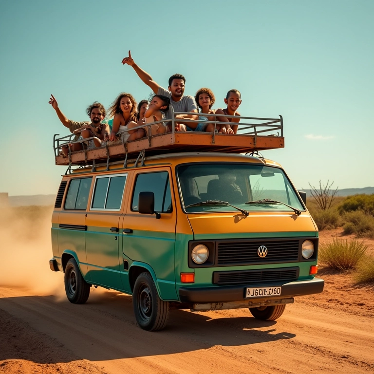 Kombi colorida lotada de pessoas diversas viajando em estrada ensolarada.