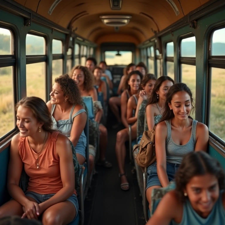 Kombi com pessoas conhecidas, sorrindo e com detalhes 'Farm Rio'.