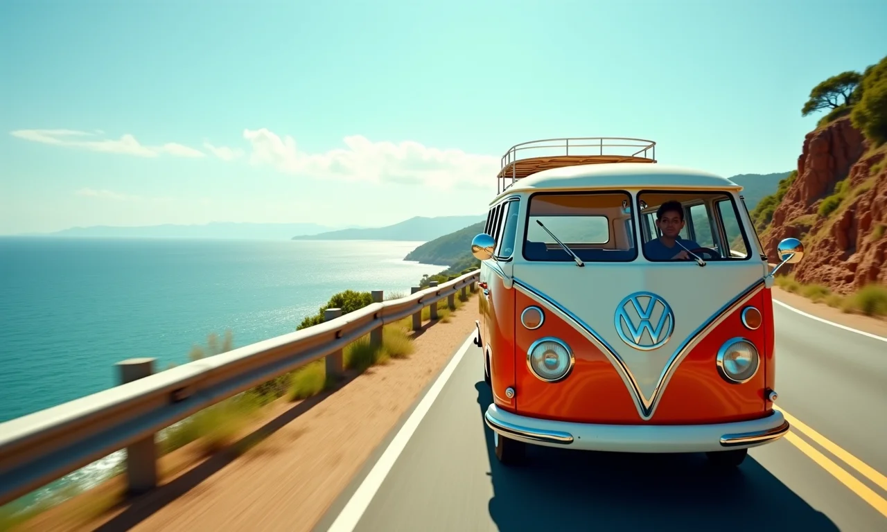 Kombi em movimento em estrada costeira no Brasil, simbolizando novos caminhos e aventuras.