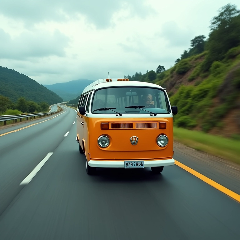 Kombi em movimento em rodovia, fundo borrado, paisagem brasileira.