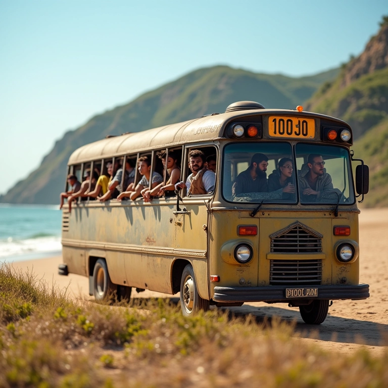 Kombi parada, com pessoas diversas olhando para fora, praia brasileira.