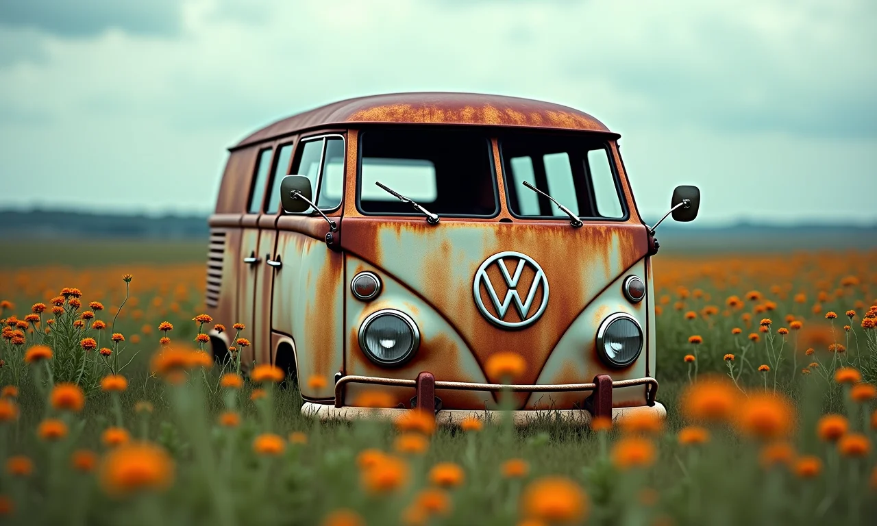 Kombi velha e enferrujada abandonada em campo florido, um lembrete do passado.