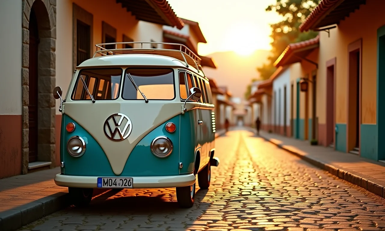 Kombi vintage parada em rua de paralelepípedos no Brasil, remetendo à pausa e reflexão.