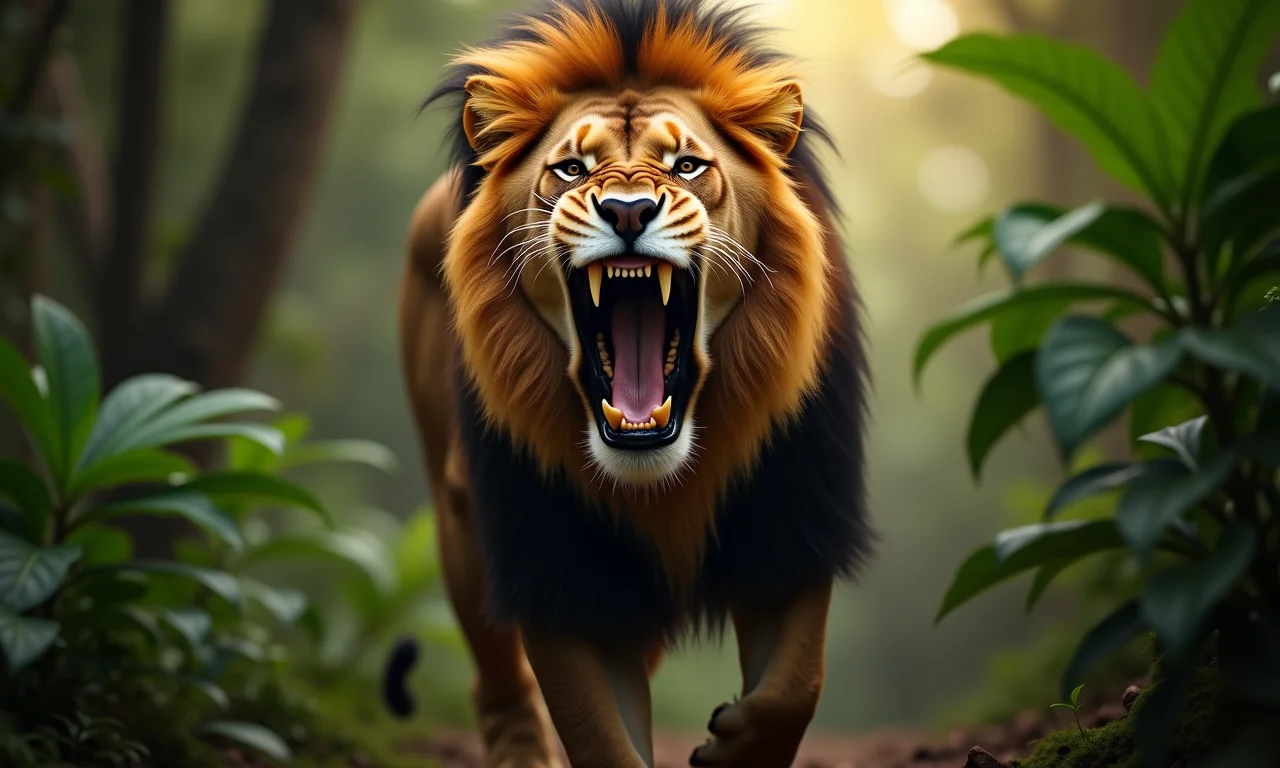 Leão bravo rugindo em uma floresta exuberante.