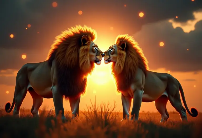 Leão e leoa juntos: simbolismo de força e parceria nos sonhos.