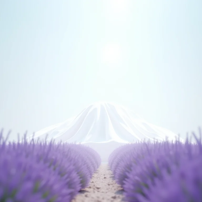 Lençóis brancos caindo do céu em um campo de lavanda