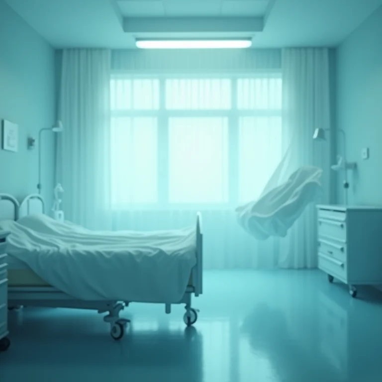 Lençóis flutuando em quarto de hospital iluminado