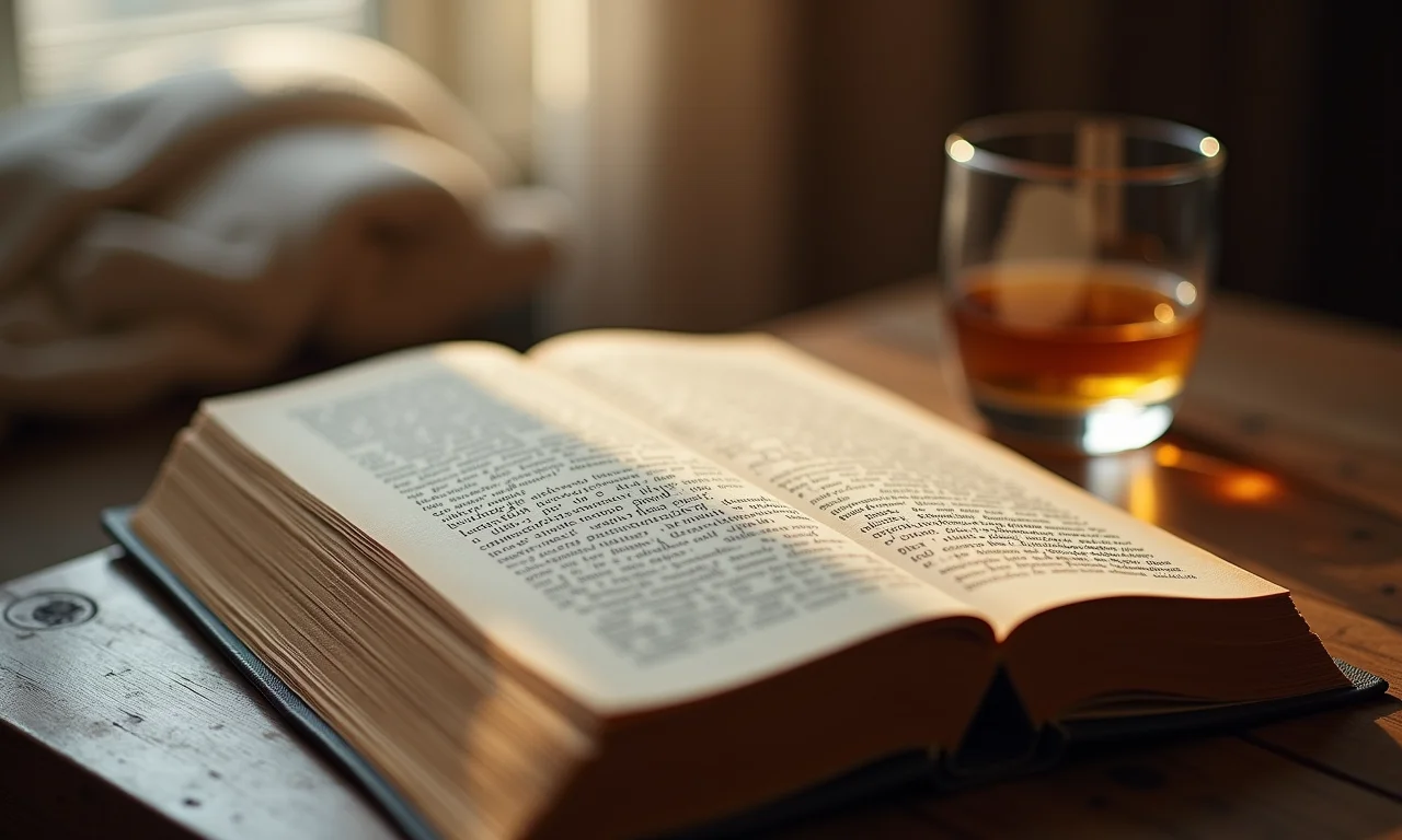 Livro de sonhos aberto com um copo de whisky ao lado, representando a interpretação de sonhos com whisky.