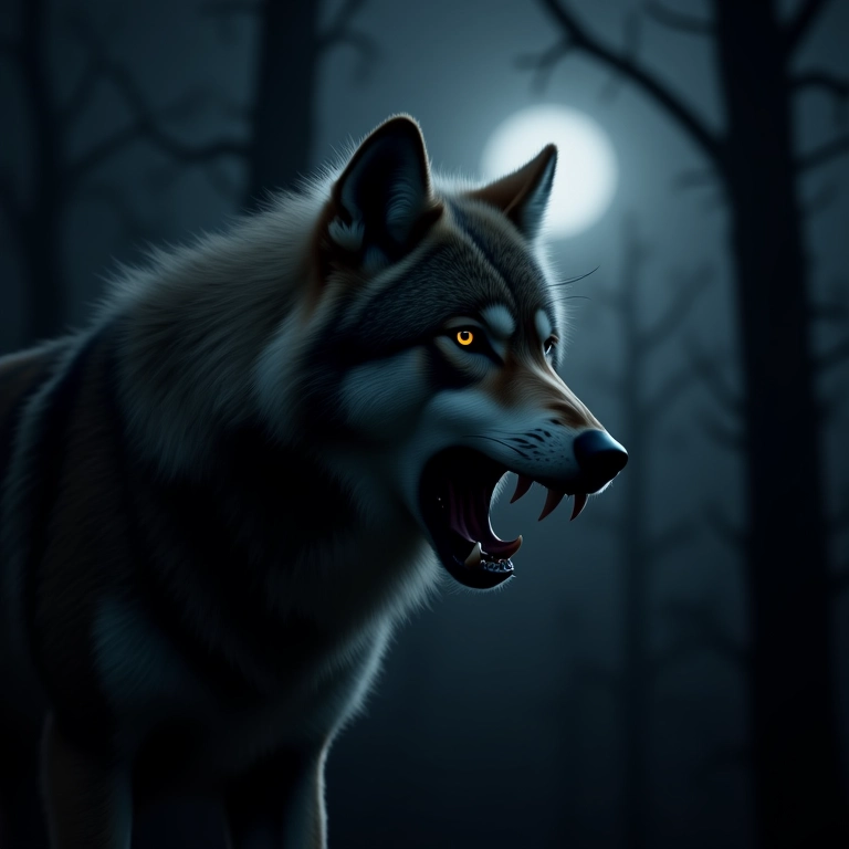 Lobo feroz rosnando em floresta escura sob a luz do luar.