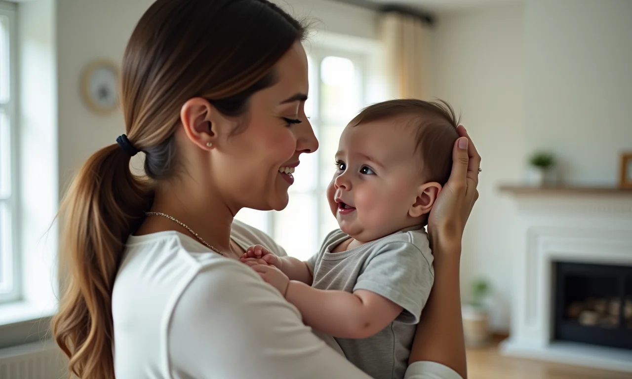 Mãe ninando bebê no colo, com carinho e proteção.