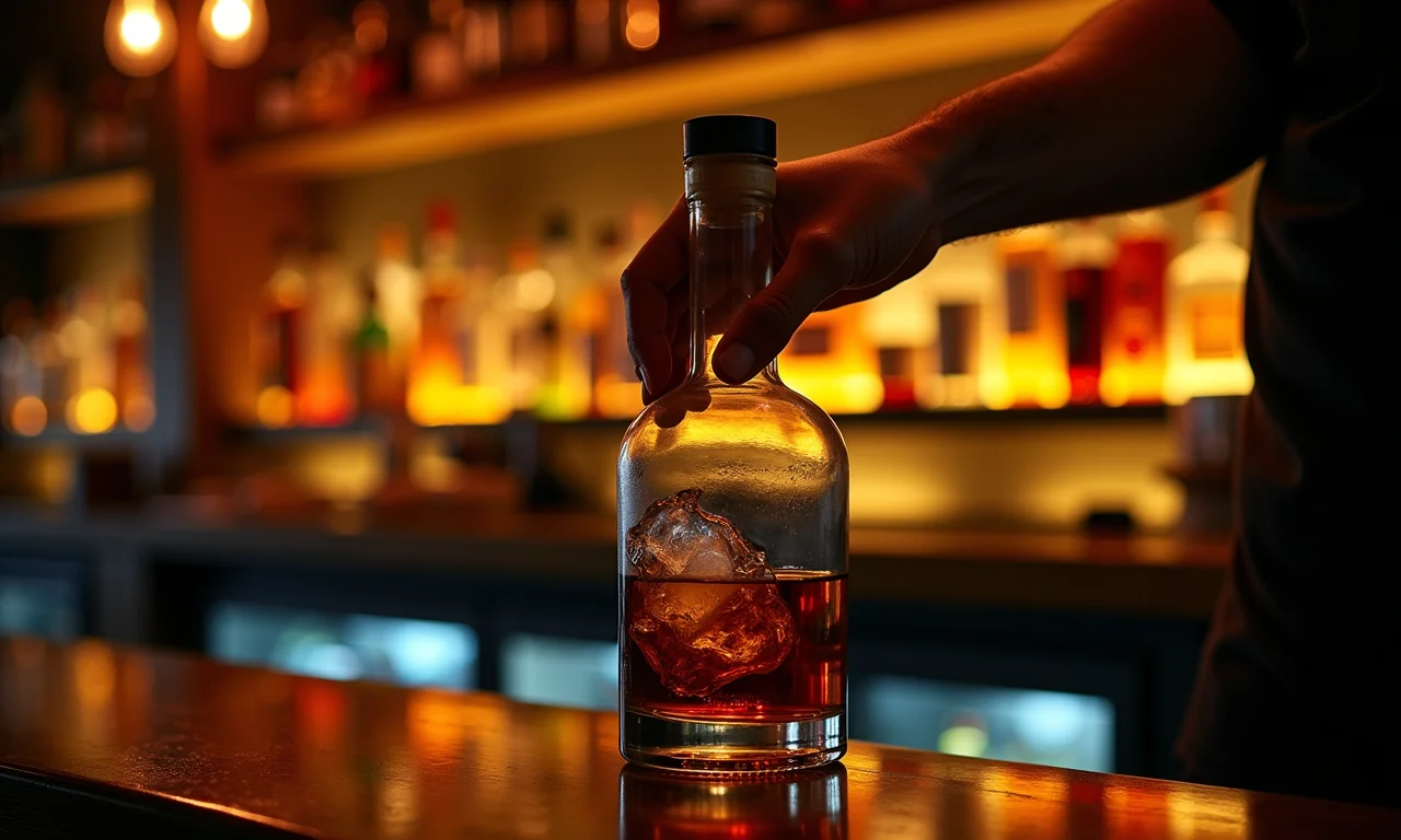 Mão alcançando garrafa de whisky em bar bem iluminado, representando o ato de comprar em sonho.