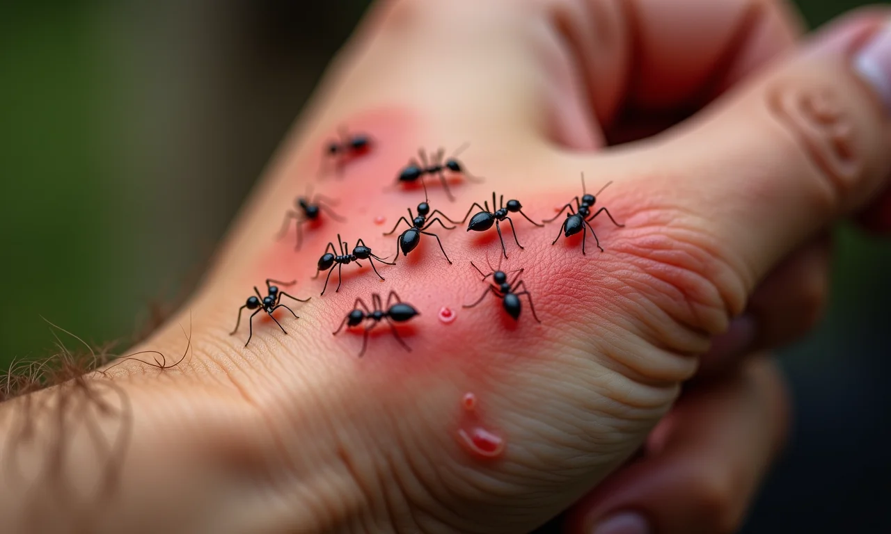 Mão com picadas de formigas vermelhas, mostrando inchaço e vermelhidão.