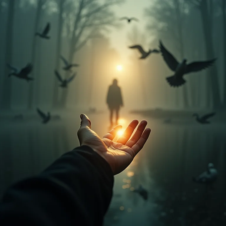 Mão luminosa e silhueta com gansos: busca por ajuda e orientação.