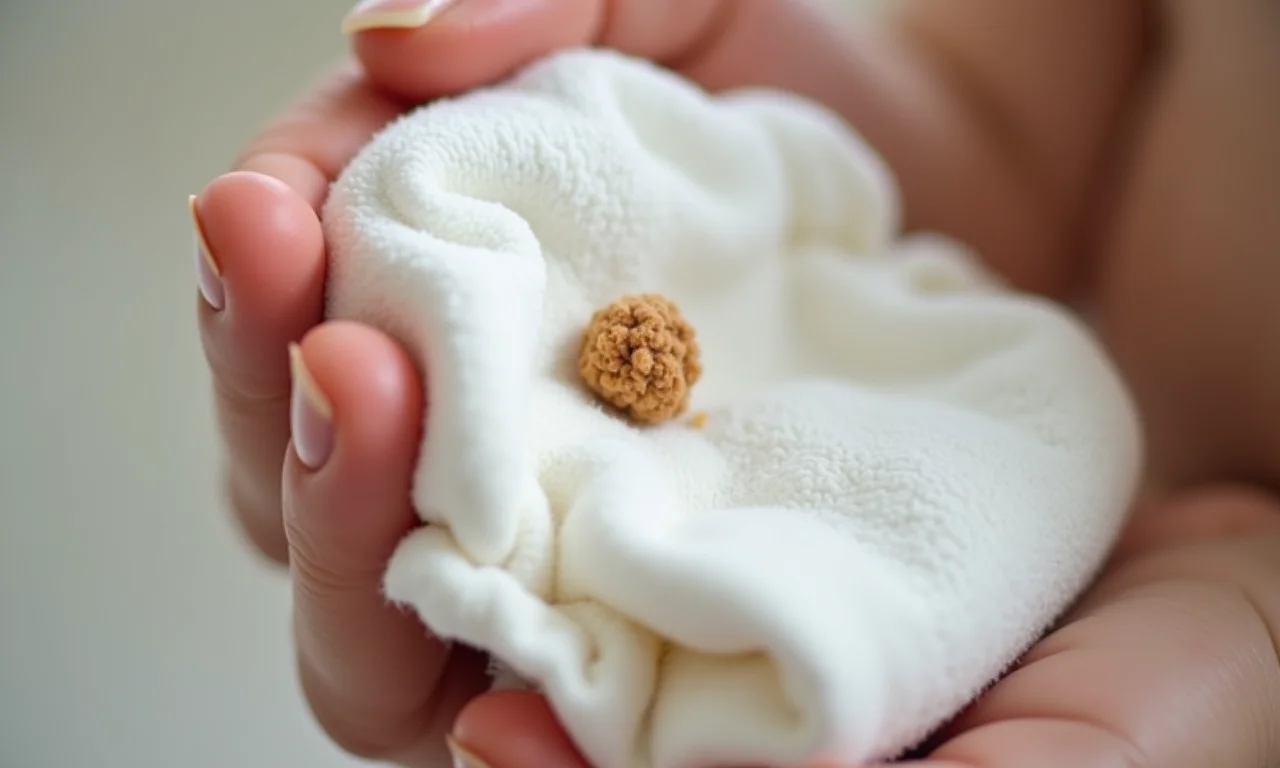 Mão segurando fralda de algodão com pequena marca que lembra fezes de bebê, foco na pureza.