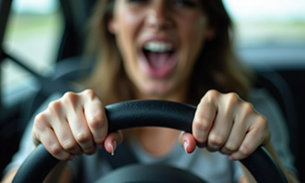 Mãos apertando volante com força, sensação de perda de controle.