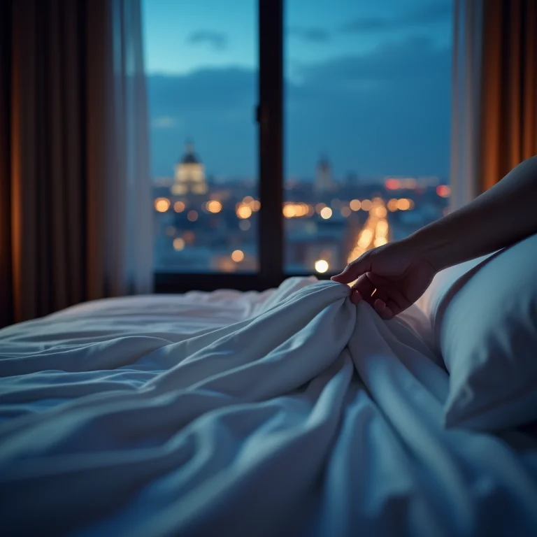 Mãos colocando lençóis em cama de hotel com vista noturna
