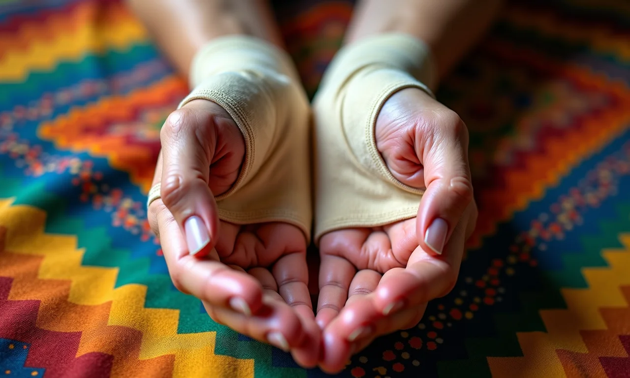 Mãos de mulher madura envoltas em bandagens sobre tecido colorido brasileiro.