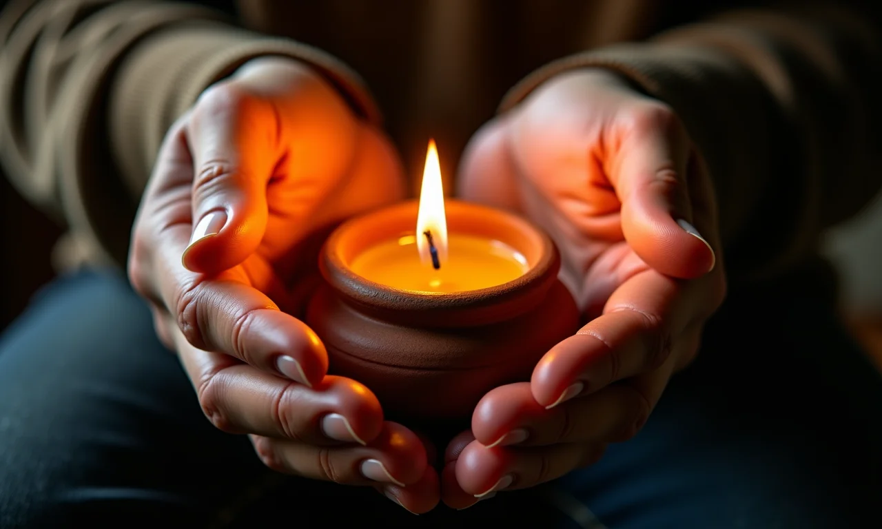 Mãos segurando suavemente uma pequena chama controlada dentro de um vaso de barro rústico.
