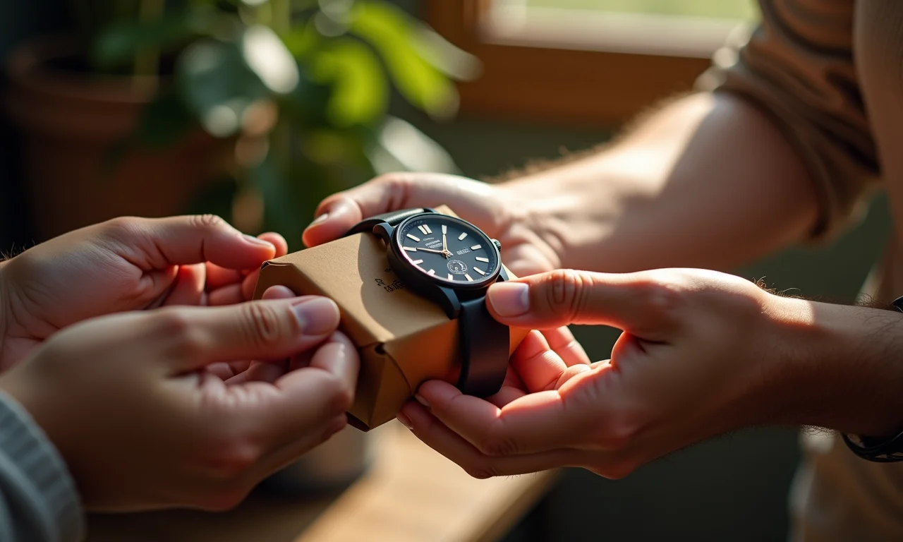 Mãos trocando um relógio de pulso de presente.